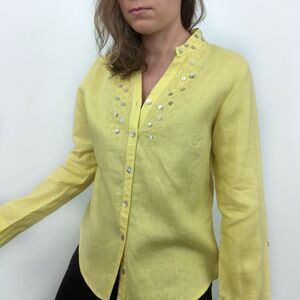 E-col-o-gie Yellow Embroidered Linen Button Front Long Sleeve Shirt Women Medium